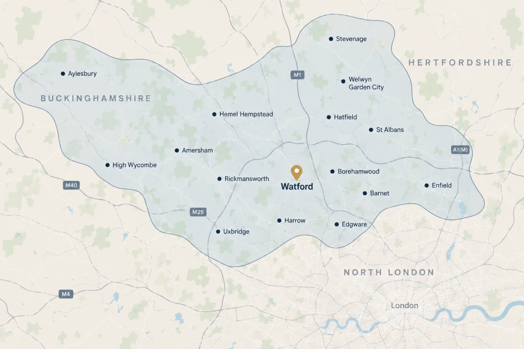 Illustrated map showing 4DMC's approximate service area around Watford, including parts of Hertfordshire, Buckinghamshire and North London.
