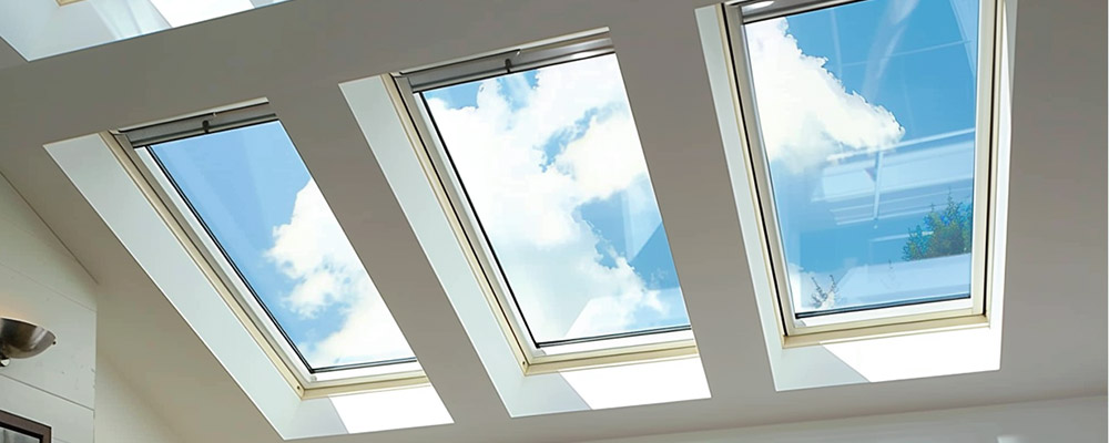 Three roof windows set into a sloping ceiling with blue sky visible above