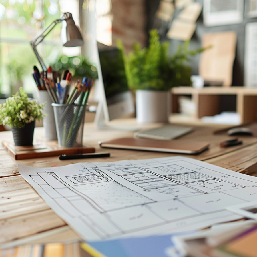 Architectural drawings spread across a desk beside a laptop and drawing tools