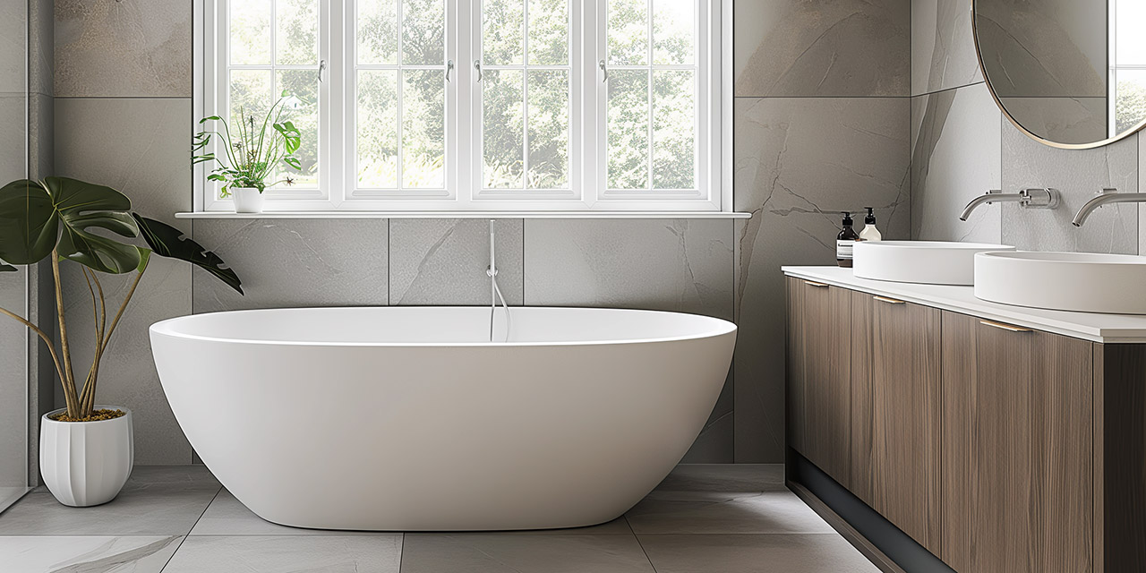 Freestanding bath beneath a window beside twin basins and a wooden vanity unit