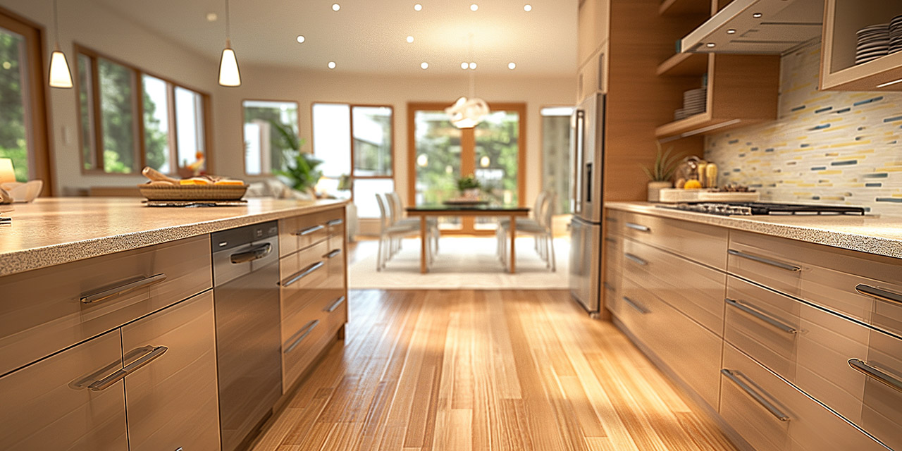 Warm-toned plank flooring in a kitchen with wooden cabinetry and a central island