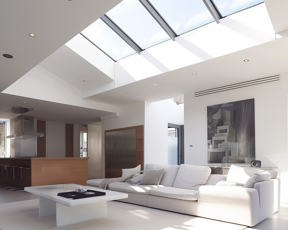 Large glazed rooflight above a living area with white sofas and an adjoining kitchen