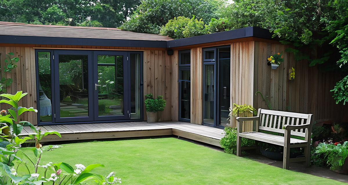 L-shaped timber-clad garden building with glazed doors and a bench beside the lawn