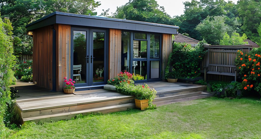 Timber-clad garden building with dark-framed glazed doors, decking and flower pots