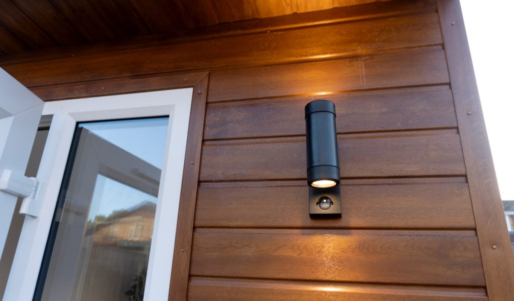Exterior wall light beside the garden office doors