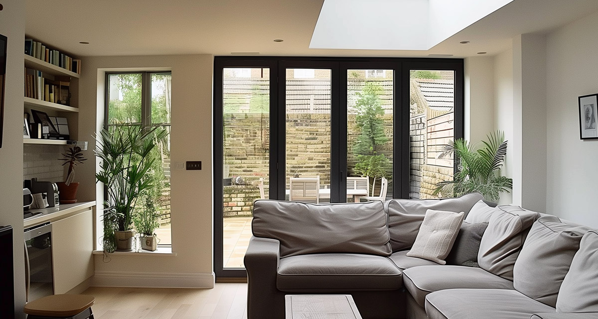 Grey corner sofa in a living area with bookshelves, a rooflight and glazed garden doors