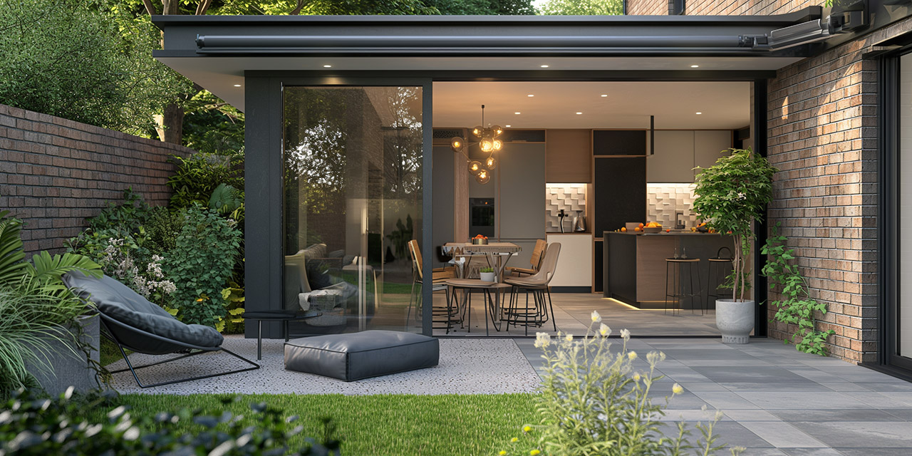 Garden terrace looking through wide glazed doors into a kitchen and dining area