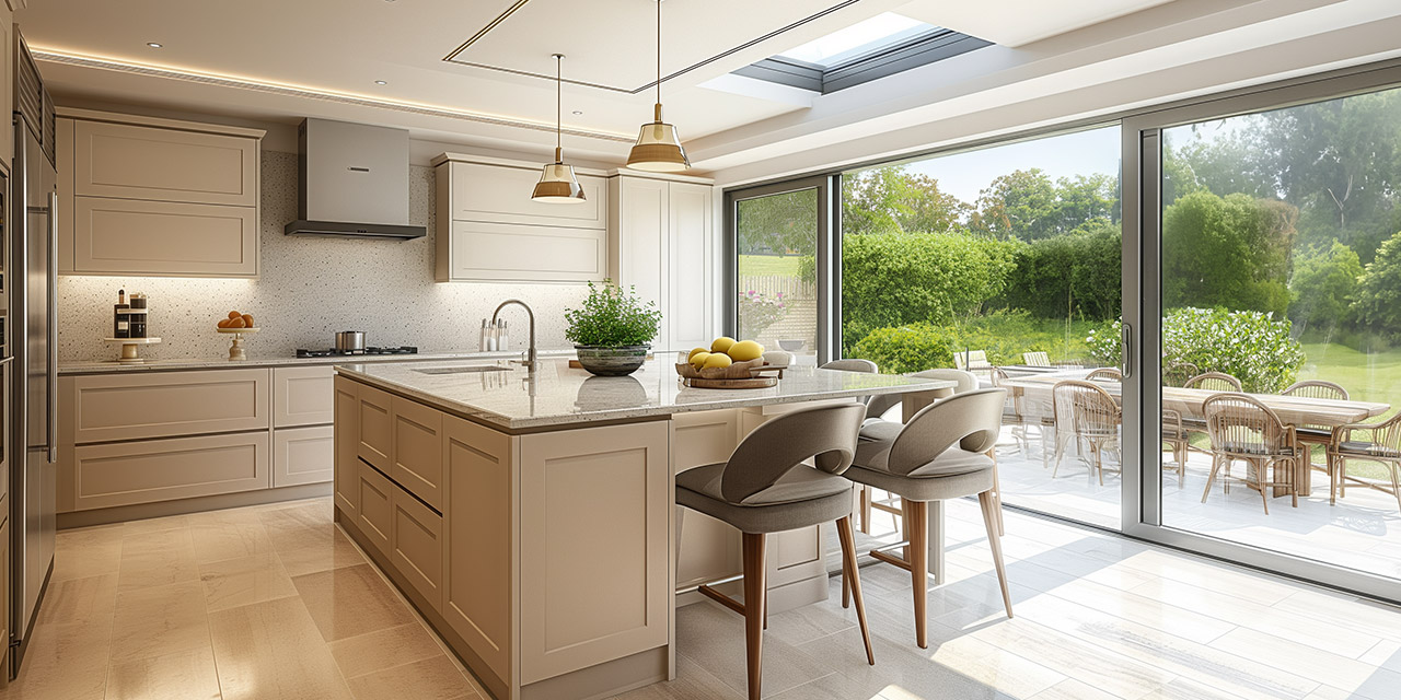 Cream kitchen with an island, rooflight and wide glazed doors overlooking a garden