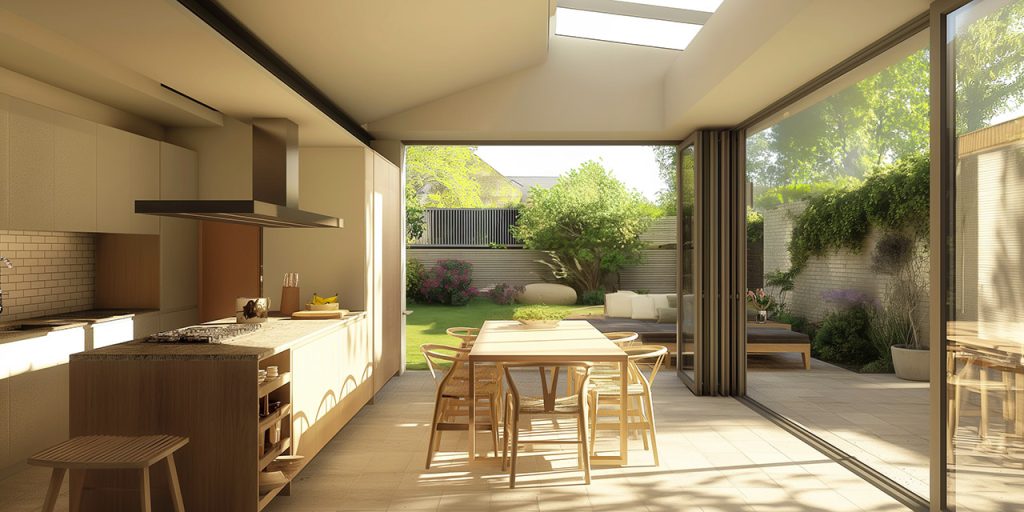 Sunlit kitchen and dining area with a rooflight and glazed doors opening towards a garden