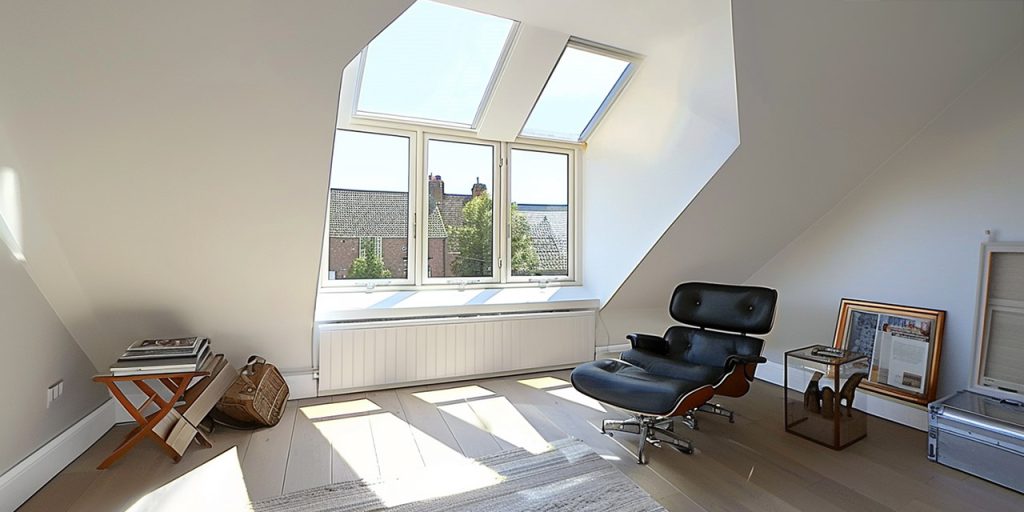 Loft sitting area with roof windows, a black lounge chair and pale floorboards
