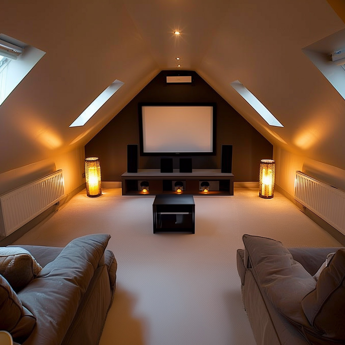 Loft cinema room with a large screen, two sofas and roof windows beneath sloping ceilings