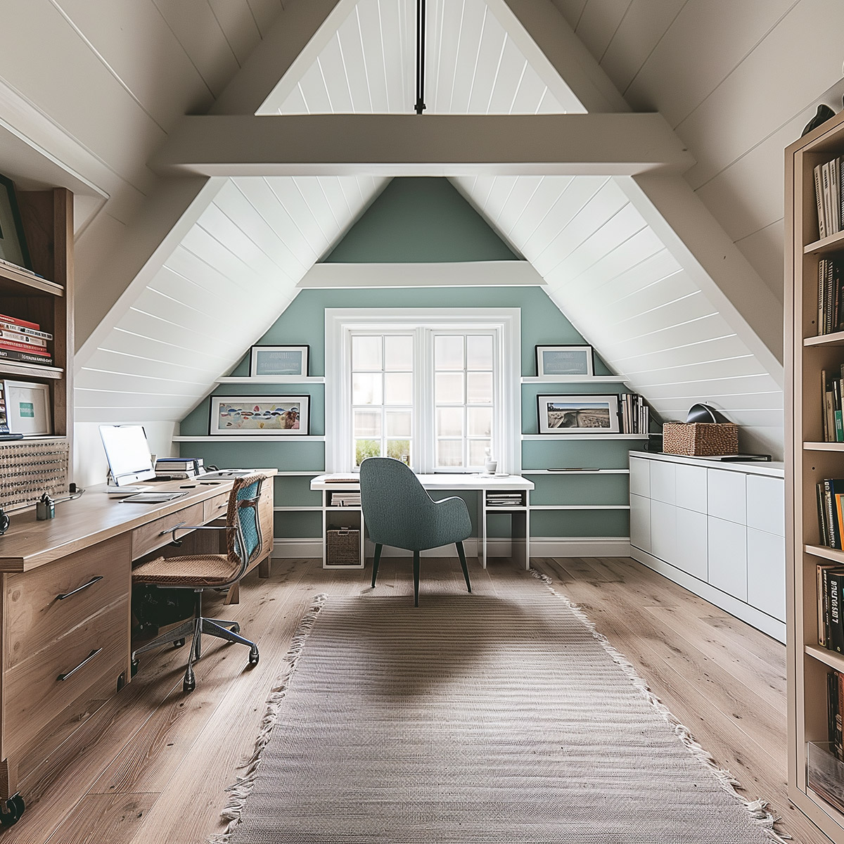 Home office beneath a pitched loft ceiling with desks, shelving and a window