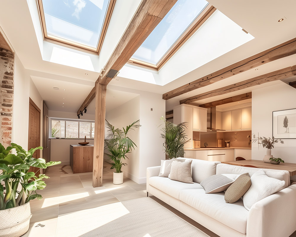 Open-plan living space with two roof windows, exposed timber beams and a white sofa