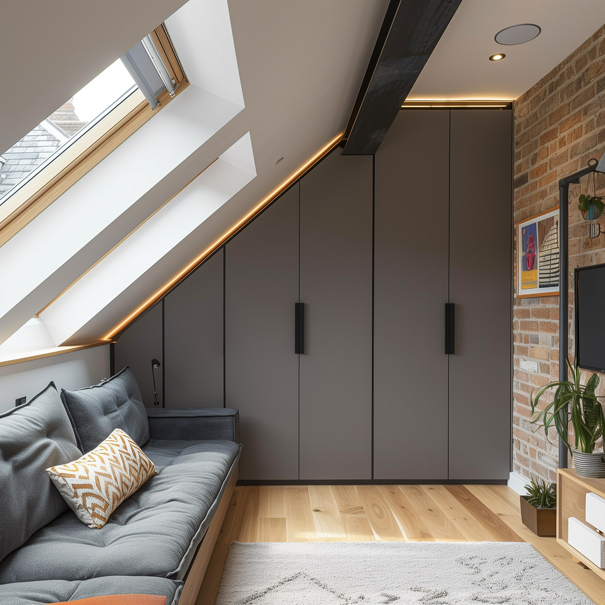 Fitted dark cupboards beneath a sloping loft ceiling beside a roof window and sofa