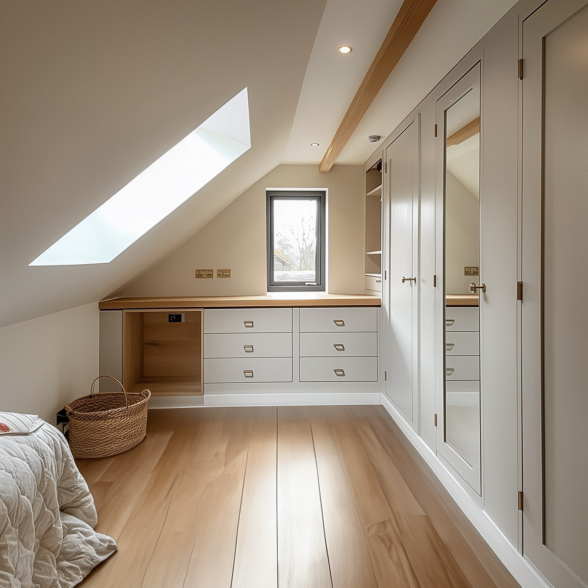 Fitted wardrobes, drawers and a desk beneath a sloping loft ceiling with a roof window