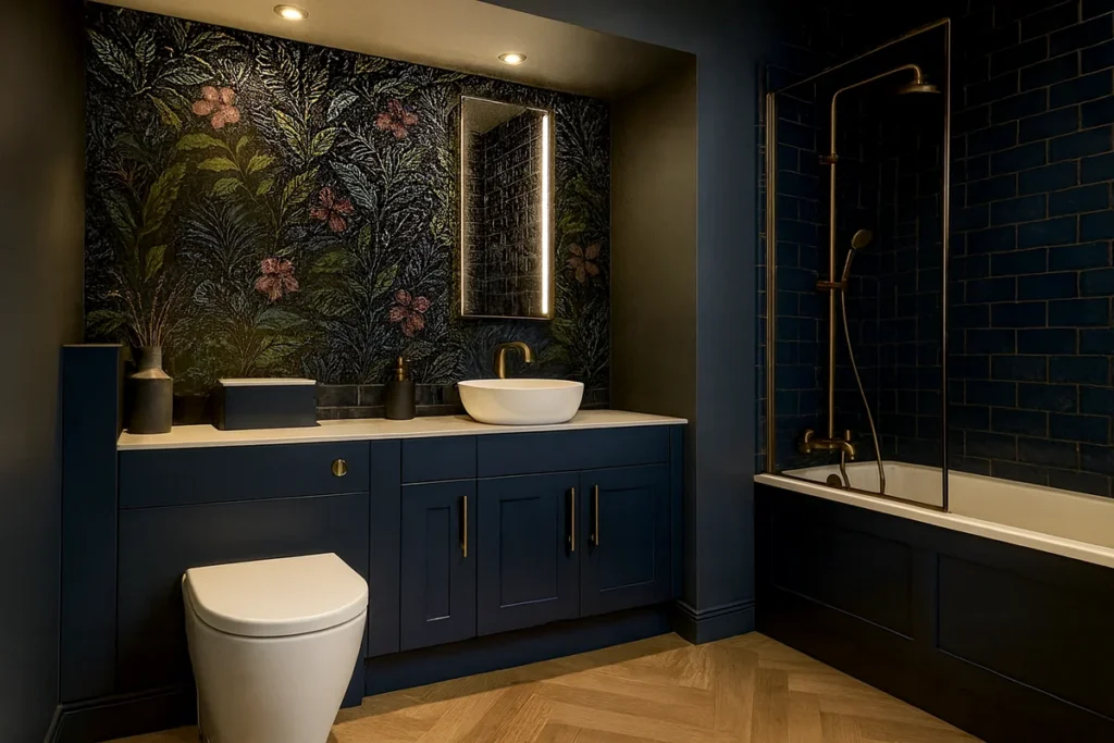 Bathroom interior with basin, mirror and shower