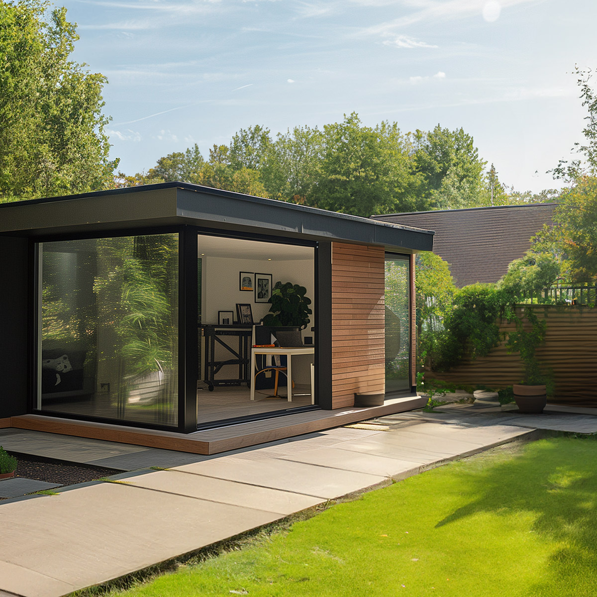 Glazed garden studio with a desk and chair visible inside, beside a lawn and paved path