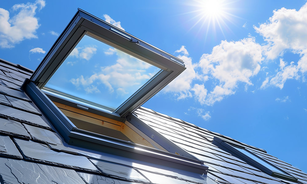 Open roof window viewed from outside on a slate roof beneath a blue sky