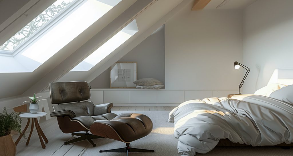 Modern attic bedroom with roof windows, a bed and a lounge chair beneath a sloping ceiling