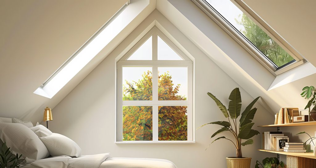 Bright loft room with roof windows on sloping ceilings and a central gable window