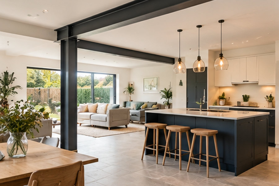 Open-plan kitchen and living area with an exposed steel beam