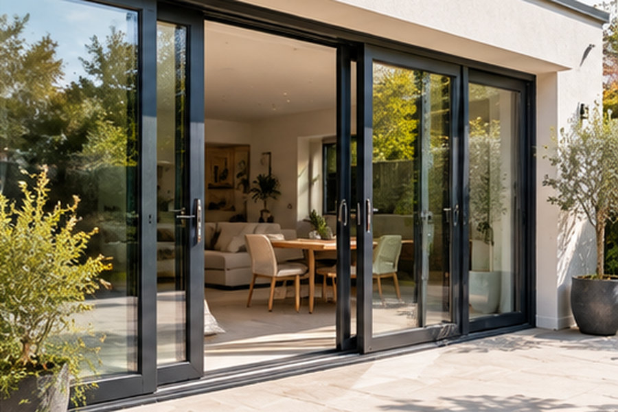 Glazed doors connecting an interior to a garden