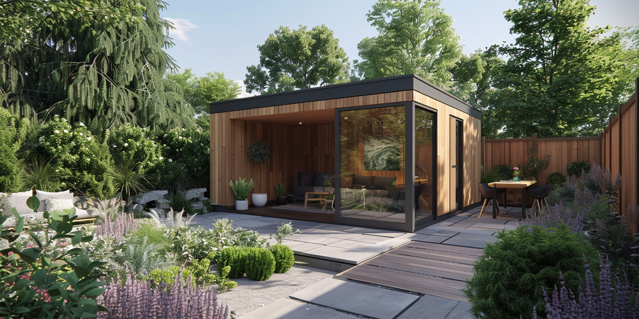 Timber-clad garden room with corner glazing beside paving and planted borders